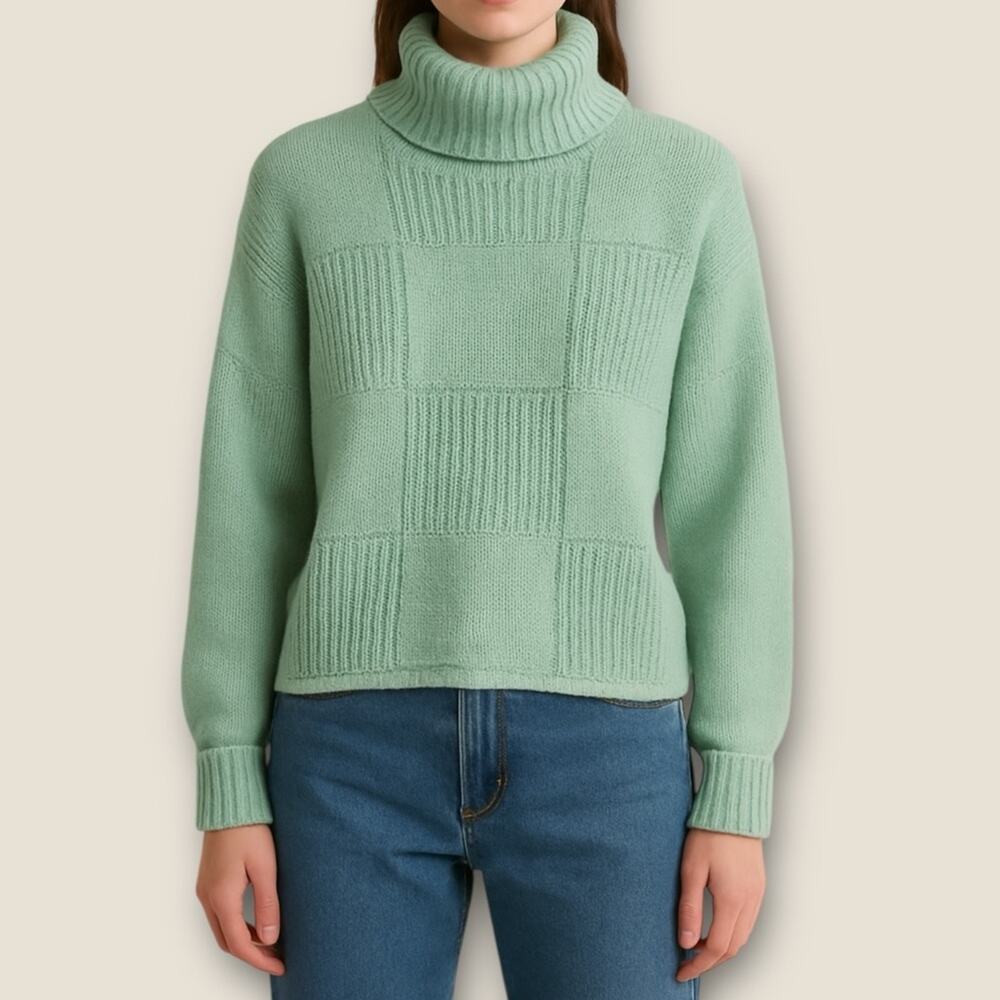 STAUD Mint Green Ribbed Balloon Sleeve Turtleneck Benny Sweater XS